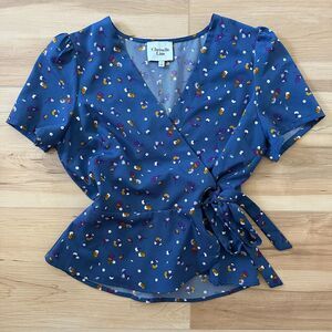 Chriselle‎ Lim Collection Womens Wren Floral Print Wrap Top Blue Size Small